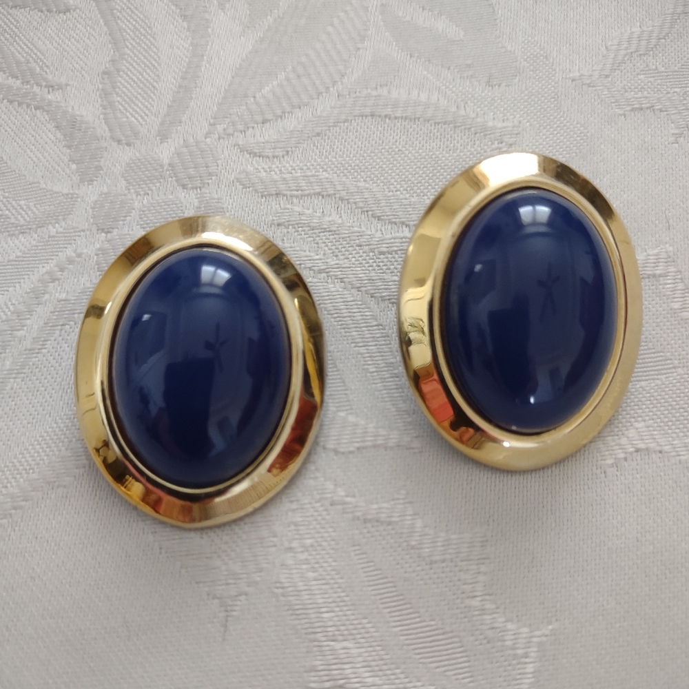Large blue cabochon gold tone earrings pinup retro Stud Post